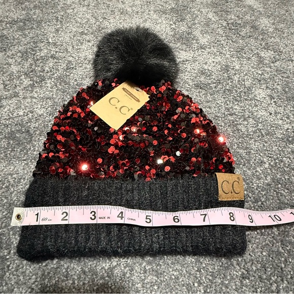 C.C Sequin Red Black Beanie with Black Pom-Pom Women One Size NWT